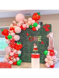 129件紅色,粉色和綠色的莓果主題首個派對裝飾,包含巨大的數字1氣球和大草莓箔氣球,適用於甜蜜寶貝女孩水果主題1歲生日派對
