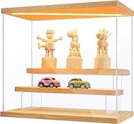 Juexica Clear Acrylic Display Case Lighted Figurine Display Case for Miniature Figures Dustproof Protection Showcase Display Box Stand with Wooden Base and Lid for Collectibles Figures Toys(3 Tiers)