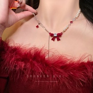 Red Bow Pearl Necklace Women 2023 Festive Atmosphere All-Match Accessories Sweater Chain FL10.30