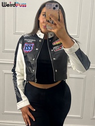 Weird Puss Hipster Crop Jacket Women Y2K Letter Print Hipster Uniform Street Patchwork Single-Breast
