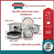 Bộ nồi chảo inox 5 món 5 đáy SUNHOUSE SHG995-2022 bếp từ chất liệu inox cao cấp an toàn sức khỏe