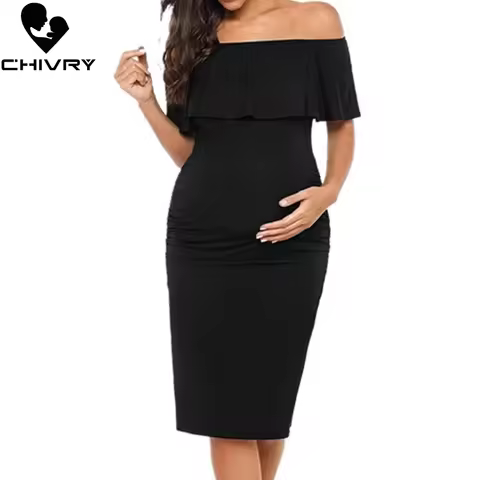 Chivry Pregnant Women Pregnancy Dress Fashion Short Sleeve Slash Neck Solid Ruffles Mama Dress Mater