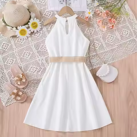 Summer Long Length Elegant Teenager Girl Clothes Beach Chiffon Dress With Belt Bohemian Kid Outfit C