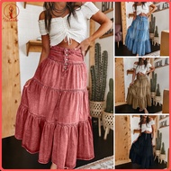 fulaide Women Denim Skirt High Waist Buttons Fly Multi Layer Ruffle Stitching Long Skirt Bohemia Sty
