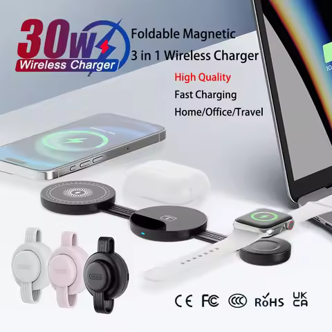 Magnetic Foldable 3-in-1 Qi2 30W Wireless Charger for iPhone, Apple Watch, AirPods. Fast Charging, P