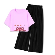 CLSTORE Setelan Crop Remaja Wanita Celana Hitam Lotso Pink