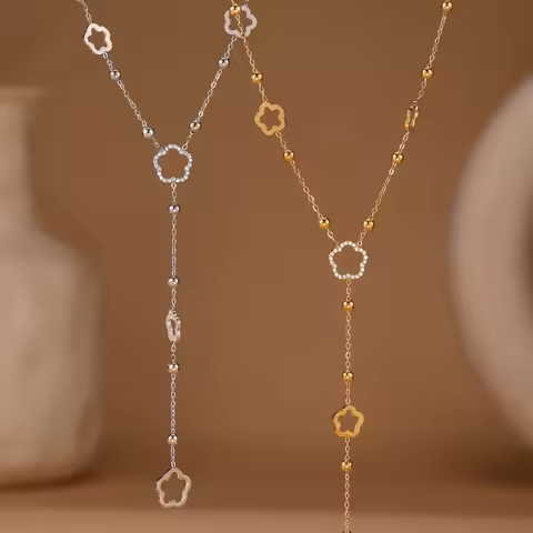 Liora Long Flower Chain Stainless Steel Zircon Necklaces For Women PVD Gold Plated Metal Female Coll