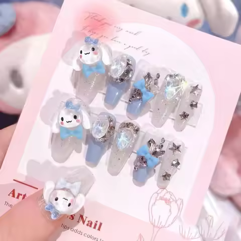 24Pcs Sanrio Blue Cinnamoroll Fake Nails Cute Anime Cartoon Kuromi My Melody press on False nails Fa
