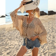 【In stock】New V Neck Fringe Tassel Hollow Out Crochet Knitted Tunic Beach Cover Up Cover-ups Beach D