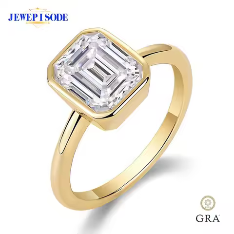 JEWEPISODE Vintage 925 Sterling Silver 7x9MM 3CT D Color Emerald Cut Moissanite Ring 18K Gold Plated