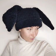 黑色兔子帽。 JHope 兔耳朵帽子。 毛絨兔子毛線帽鉤針編織。