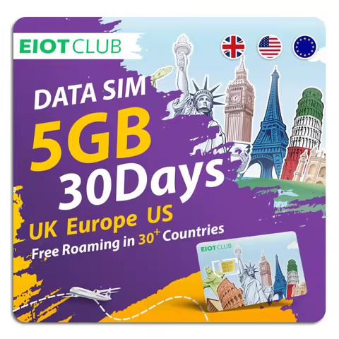 EIOTCLUB Europe SIM Card 5GB 30DAY, Coverage in 37 European Countries & USA, Travel SIM for Phone, W