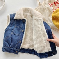Children Korean Version Thickened Fleece-Fleece Denim Vest Outer Wear 2023 Winter Boys Girls Baby Thermal Vest