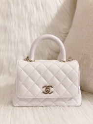 經典保值款 非常難買 超罕 全新現貨 Chanel Small Coco Handle Bag Mini 迷你號 19cm (白色金扣 White x Gold HW) 手抦包 手袋 魚子醬牛皮 附專
