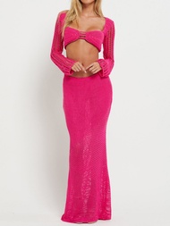 Soul Dancing ชุดผู้หญิง2ชิ้นชุดครอปคอเหลี่ยมเสื้อผ้าแขนยาวกระโปรงถักกลวงออก Y2K + กระโปรงยาวชุดชายหา