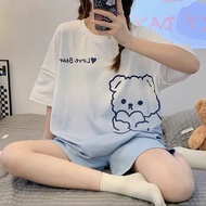 Women Pajama Set Summer Japanese Kawaii Pijamas Bear Print Pyjamas Teen Girls Round Neck Home Clothe