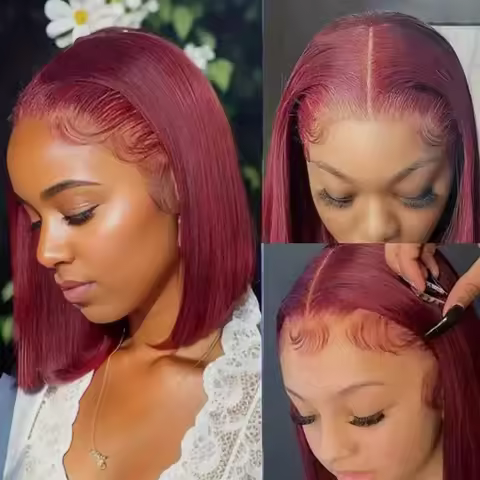 99J Straight Human Hair Bob Wig 99J 13x4 Lace Front Human Hair Wig 99J Burgundy Colored HD Lace Fron