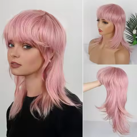 Pink Mullet Wig Suitable for Black Women Layered Straight Wolf-Shaped Wig Synthetic Cosplay Mullet W