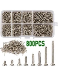 800入組不銹鋼自攻螺絲套件鎖緊螺帽,木頭螺紋釘子螺絲套件,木頭螺絲工具套件