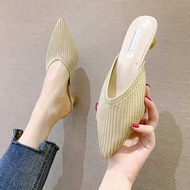 vivaia shoes tory burch shoes Women's Summer 2024 New Block Heel Comfortable Sandals Fashion Pointed Toe Knit Stretch Retro Baotou Half Slippers Mid Heel