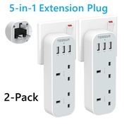 TESSAN TS222 2-Pack 2 Way Extension Plug Power Socket With 3 USB Port Output 3A Fast Charging Adaport Wall Socket  Extension Plug  13A UK 3 Pin Extension Power Socket （Gray-White）