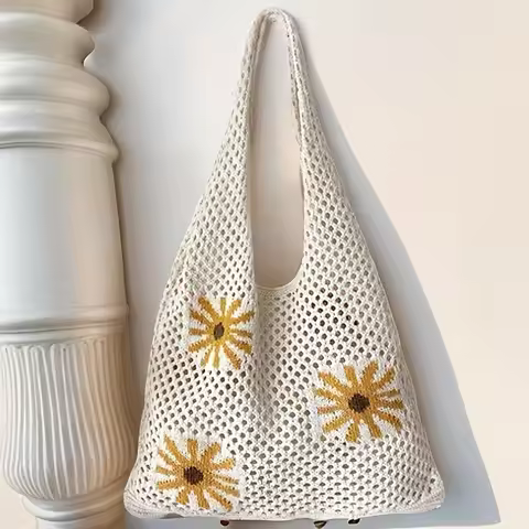 New Daisy Jacquard Knitted Bag Women Summer Vacation Beach Shoulder Crossbody Bag Literary Style Pol