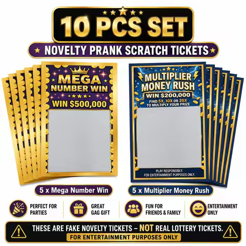 Prank Scratch Off Tickets 10 Pack,Fake Lottery Cards with 2 Designs, Mega Number Win & Multiplier Mo
