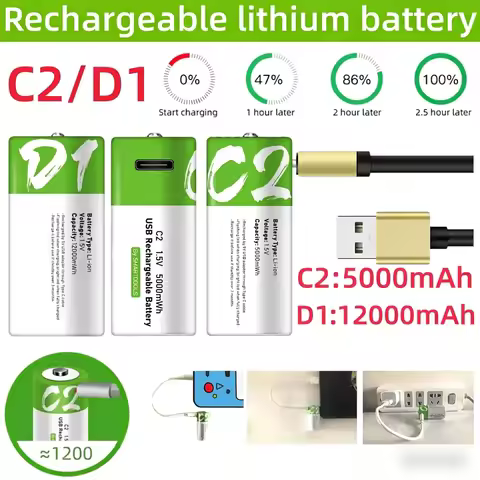 12000mWh D Size LR20 5000mWh C Size LR14 1.5V Rechargeable Lithium Battery Type-C Fast Charging for 