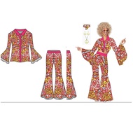 In Stock Women Retro 60s 70s Hippie Cosplay Costume 7Pcs/Set Disco Shirt Pants Clothes Stage Perform
