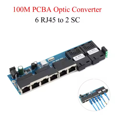 10M/100M PCBA Board Fiber Optic Media Converter 6 RJ45 to 2 SC A+B Optic Connector 1310nm/1550nm Por
