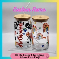 Color Changing Custom Name Glass Can Cup with bamboo lid and glass straw | Gifts | Custom Cup | tumbler | starbucks