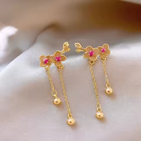 Chinese Style Plum Blossom Floral Mini Double Ball Tassel Chain Long Dangle Earrings for Women Retro