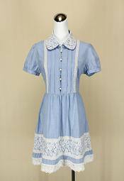 貞新二手衣 b.club 專櫃 粉藍蘿莉風v領短袖蕾絲棉質洋裝F號(19623)