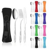 4pcs Portable Cutlery Set With Zipper Storage Bag, Stainless Steel Knife Fork Spoon Combination, Por