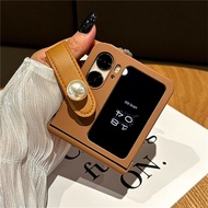 Korean Luxury Senior Brown Pearl Wrist Strap Phone Case for OPPO Find N3 FLIP findn2 flip Find N2 Flip Shockproof Back Cover