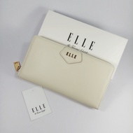 ELLE Bag กระเป๋าสตางค์ผู้หญิงใบยาวซิปรอบ สีขาวครีม (ใบใหญ่) หนังเรียบ อะไหล่สีทอง