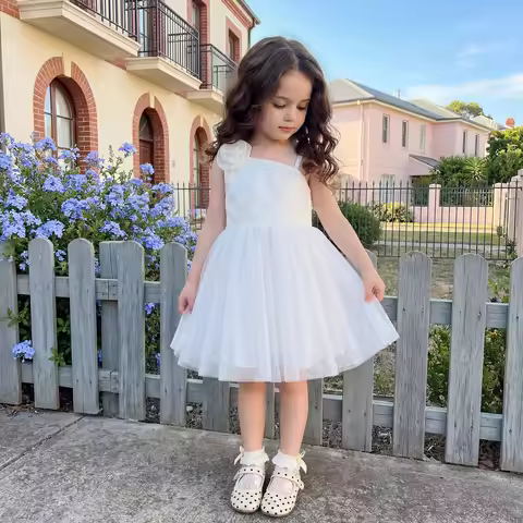 4-7Y Fashion Toddler Girl One Shoulder Sleeveless Princess Dress 3D Floral Tulle Patchwork Gown Eleg