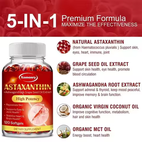 Astaxanthin Softgels 24mg - Support Skin, Eye, Joint Health, Anti-oxidation, Relieve Eye Fatigue, En