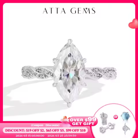 ATTAGEMS 3.0CT Marquise Cut Moissanite Engagement Rings For Women 14*7mm Lab Diamond S925 Sterling S