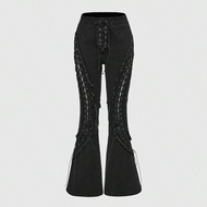 Y2K Kpop Baddie Hollow Eyelets Lace-Up Decor Ultra Low Rise Skinny Super Low Waist Flare Jeans