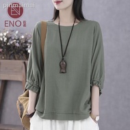 Korea ENO Baju Wanita Plus Size Blouse Muslimah Fashion Blaus Cotton Plain 3/4 Sleeve T Shirt  Loose Elegant COD