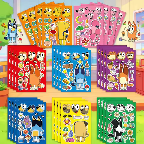 Bluey Children's Puzzle Stickers 8 Sheets DIY Cartoon Sticker Face Make a Funny Jigsaw Educational T