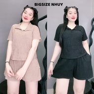 Set of big size short-sleeved shirt with turn-down collar and wide-leg pants with elastic waist in s