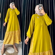 RATI - Lummy Midi Dress Wanita Kombinasi Motif Rayon Bunga Jizzy Dress Crinkle Jumbo Fashion Dewasa Kekinian by Mumufashion Solo