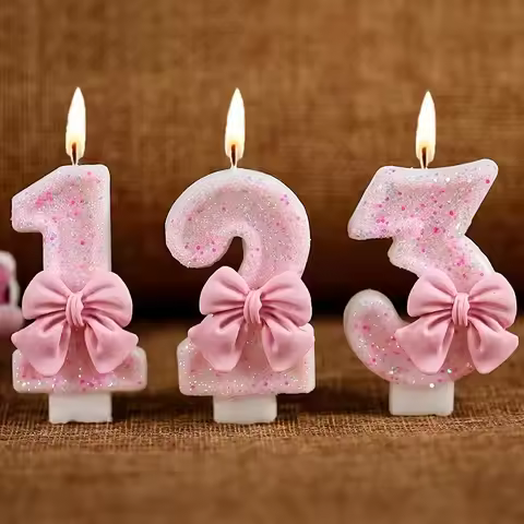 0-9 Pink Glitter Bow Number Birthday Candles, Cute Cake Topper for 18th Birthday, Girls Party, Baby 