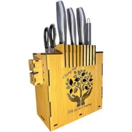 Square Wooden Knife Holder with Knife Sharpener, Cutlery Holder, Luxury Wooden Cutlery Squeezer, Hig