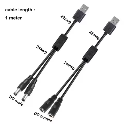 1m USB 2.0 male to 2 way DC male Female Male Splitter Cable 22awg 3A plug 5.5x2.5mm Power supply Cor
