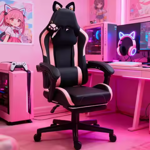 Faux Leather Gaming Chair with Footrest, Racing Style Gamer Chair with Headrest and Lumbar Support f