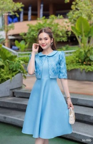 N695👍 ชุดเดรสผ้าฝ้ายทอลาย(ว) เสื้อกั๊กแต่งปก แขนศอก กระโปรงบานทรงย้วย งานอัดกาวทั้งชุด ซิปซ่อนหลัง