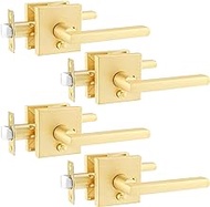 Heittis 4 Pack Satin Brass Square Privacy Door Levers Lockset for Bedroom or Bathroom, Gold Keyless Door Locks, Heavy Duty Door Handle Set